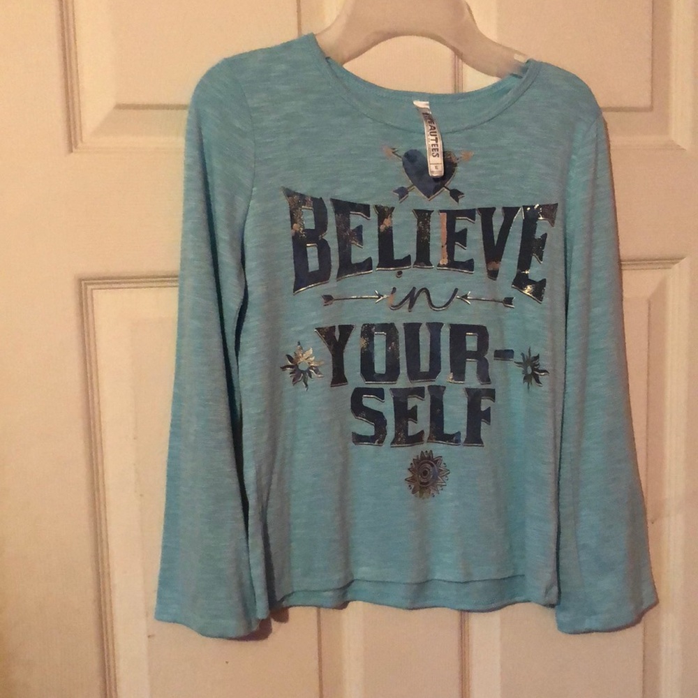 Beautees Believe In Yourself Blue Distressed Long Sleeve T-Shirt Girls XL